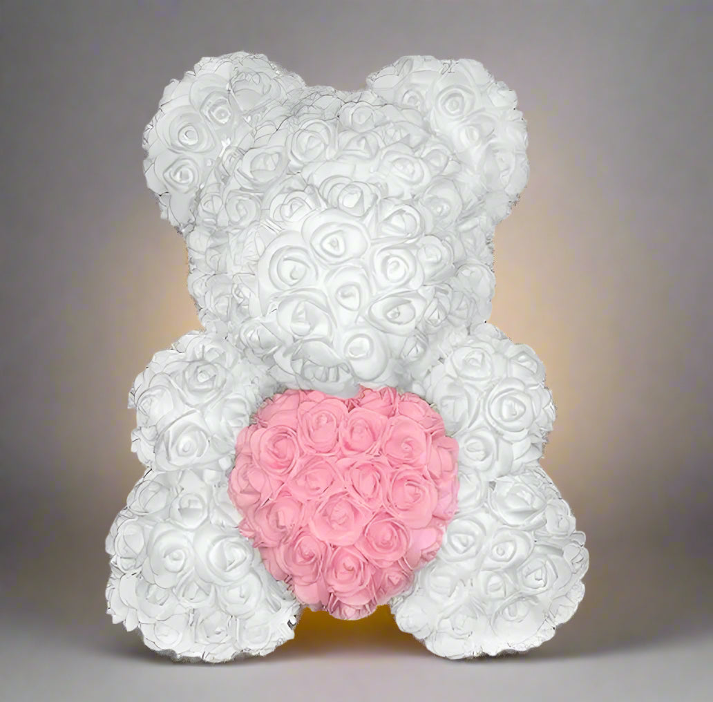 40cm red rose teddy bear with white heart inside clear display box
Handcrafted rose bear made from artificial foam roses
Romantic gift-ready rose bear in transparent packaging with red ribbon
Close-up of textured red and white foam roses on teddy bear
Elegant rose bear with heart-shaped center in deluxe gift box
Artificial rose teddy bear for Mother's Day, weddings, or anniversaries
Detailed shot of white heart roses on red floral teddy bear
Rose bear in clear gift box with red satin bow
Lux