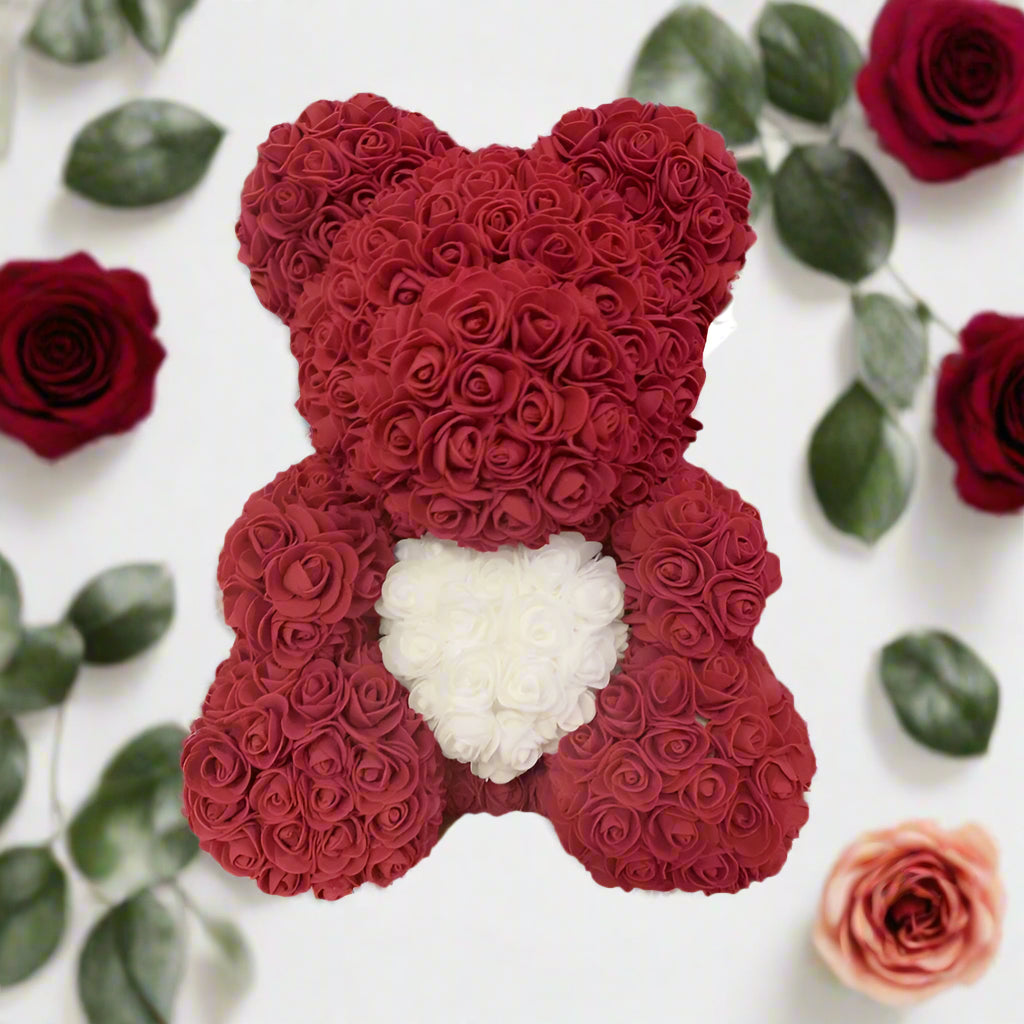 40cm red rose teddy bear with white heart inside clear display box
Handcrafted rose bear made from artificial foam roses
Romantic gift-ready rose bear in transparent packaging with red ribbon
Close-up of textured red and white foam roses on teddy bear
Elegant rose bear with heart-shaped center in deluxe gift box
Artificial rose teddy bear for Mother's Day, weddings, or anniversaries
Detailed shot of white heart roses on red floral teddy bear
Rose bear in clear gift box with red satin bow
Lux