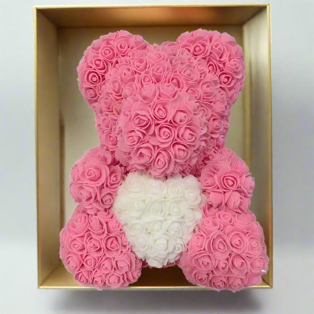 40cm red rose teddy bear with white heart inside clear display box
Handcrafted rose bear made from artificial foam roses
Romantic gift-ready rose bear in transparent packaging with red ribbon
Close-up of textured red and white foam roses on teddy bear
Elegant rose bear with heart-shaped center in deluxe gift box
Artificial rose teddy bear for Mother's Day, weddings, or anniversaries
Detailed shot of white heart roses on red floral teddy bear
Rose bear in clear gift box with red satin bow
Lux