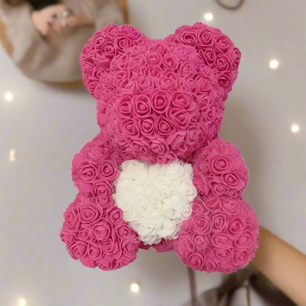 40cm red rose teddy bear with white heart inside clear display box
Handcrafted rose bear made from artificial foam roses
Romantic gift-ready rose bear in transparent packaging with red ribbon
Close-up of textured red and white foam roses on teddy bear
Elegant rose bear with heart-shaped center in deluxe gift box
Artificial rose teddy bear for Mother's Day, weddings, or anniversaries
Detailed shot of white heart roses on red floral teddy bear
Rose bear in clear gift box with red satin bow
Lux