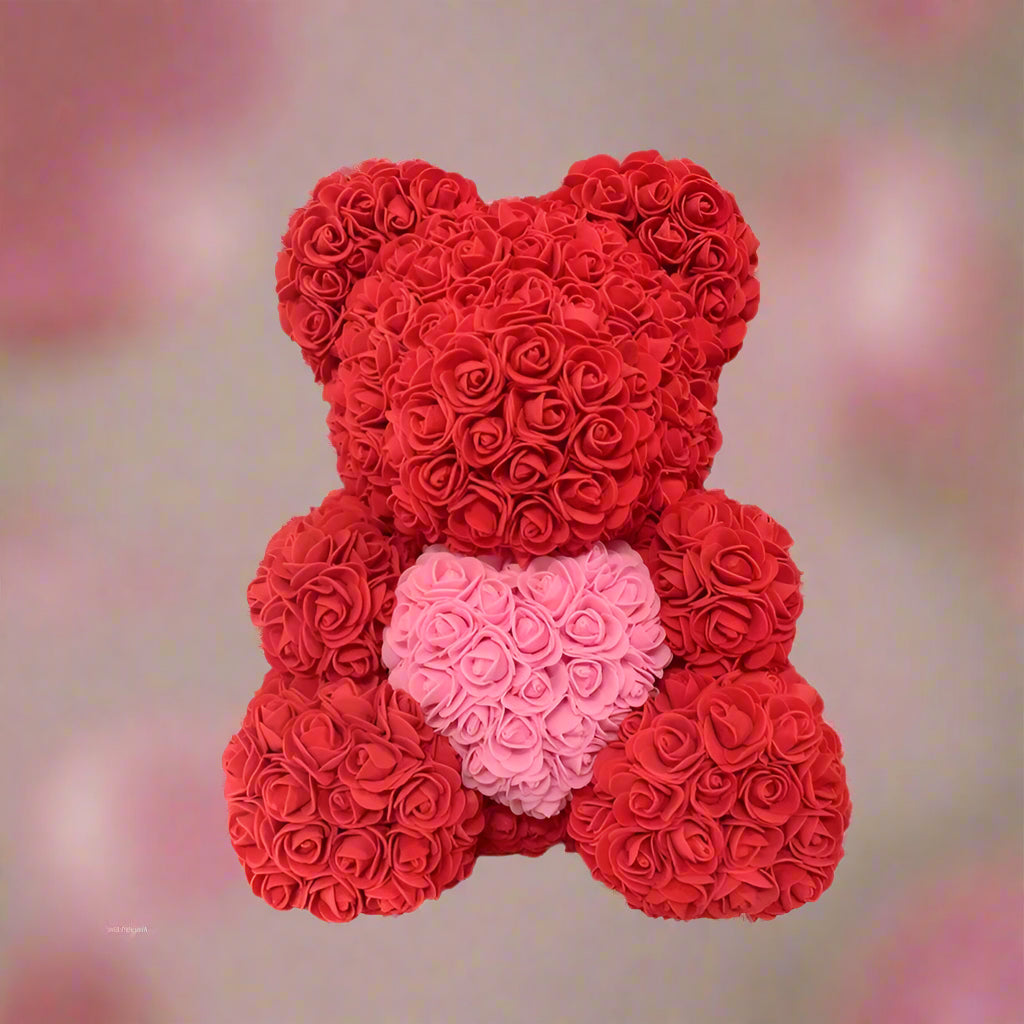40cm red rose teddy bear with white heart inside clear display box
Handcrafted rose bear made from artificial foam roses
Romantic gift-ready rose bear in transparent packaging with red ribbon
Close-up of textured red and white foam roses on teddy bear
Elegant rose bear with heart-shaped center in deluxe gift box
Artificial rose teddy bear for Mother's Day, weddings, or anniversaries
Detailed shot of white heart roses on red floral teddy bear
Rose bear in clear gift box with red satin bow
Lux