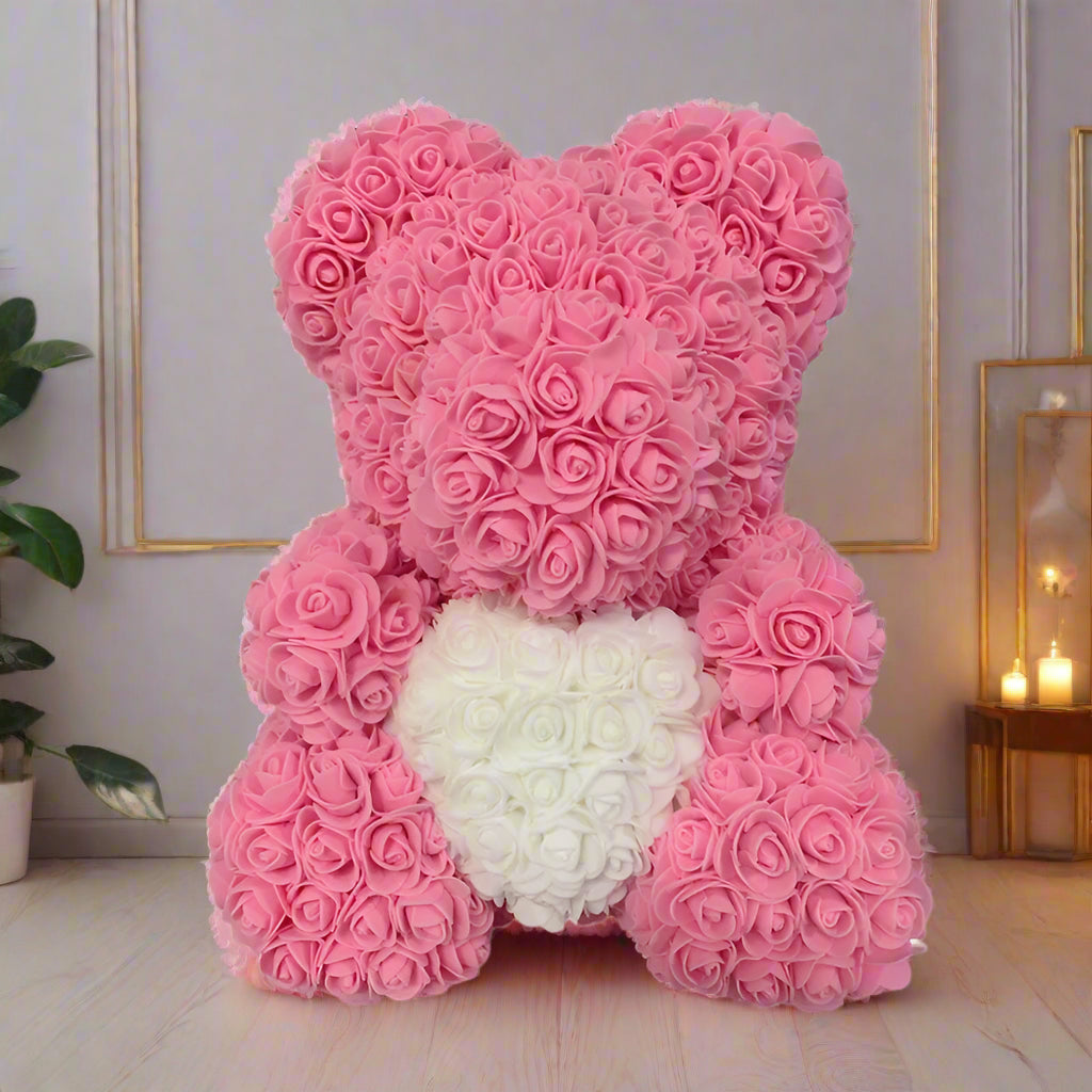 40cm red rose teddy bear with white heart inside clear display box
Handcrafted rose bear made from artificial foam roses
Romantic gift-ready rose bear in transparent packaging with red ribbon
Close-up of textured red and white foam roses on teddy bear
Elegant rose bear with heart-shaped center in deluxe gift box
Artificial rose teddy bear for Mother's Day, weddings, or anniversaries
Detailed shot of white heart roses on red floral teddy bear
Rose bear in clear gift box with red satin bow
Lux