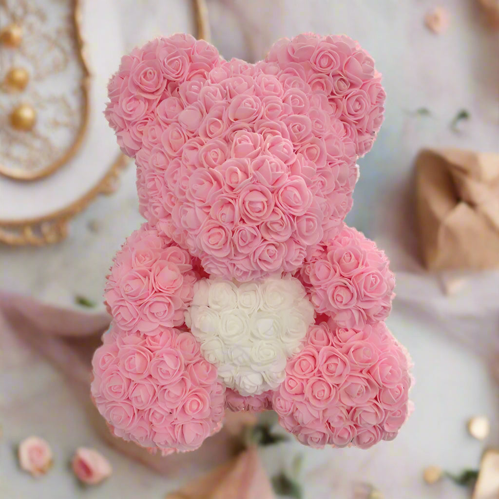40cm red rose teddy bear with white heart inside clear display box
Handcrafted rose bear made from artificial foam roses
Romantic gift-ready rose bear in transparent packaging with red ribbon
Close-up of textured red and white foam roses on teddy bear
Elegant rose bear with heart-shaped center in deluxe gift box
Artificial rose teddy bear for Mother's Day, weddings, or anniversaries
Detailed shot of white heart roses on red floral teddy bear
Rose bear in clear gift box with red satin bow
Lux