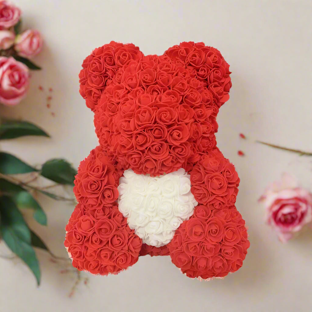 40cm red rose teddy bear with white heart inside clear display box
Handcrafted rose bear made from artificial foam roses
Romantic gift-ready rose bear in transparent packaging with red ribbon
Close-up of textured red and white foam roses on teddy bear
Elegant rose bear with heart-shaped center in deluxe gift box
Artificial rose teddy bear for Mother's Day, weddings, or anniversaries
Detailed shot of white heart roses on red floral teddy bear
Rose bear in clear gift box with red satin bow
Lux