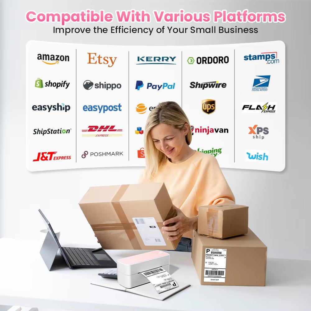 Image of a woman smiling and holding a box with the Phomemo 241BT printer in front – "Happy woman holding a package with the Phomemo 241BT printer displaying a freshly printed shipping label, surrounded by marketplace logos indicating its wide usability."