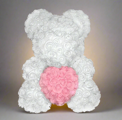 40cm red rose teddy bear with white heart inside clear display box  
Handcrafted rose bear made from artificial foam roses  
Romantic gift-ready rose bear in transparent packaging with red ribbon  
Close-up of textured red and white foam roses on teddy bear  
Elegant rose bear with heart-shaped center in deluxe gift box  
Artificial rose teddy bear for Mother's Day, weddings, or anniversaries  
Detailed shot of white heart roses on red floral teddy bear  
Rose bear in clear gift box with red satin bow  
Lux