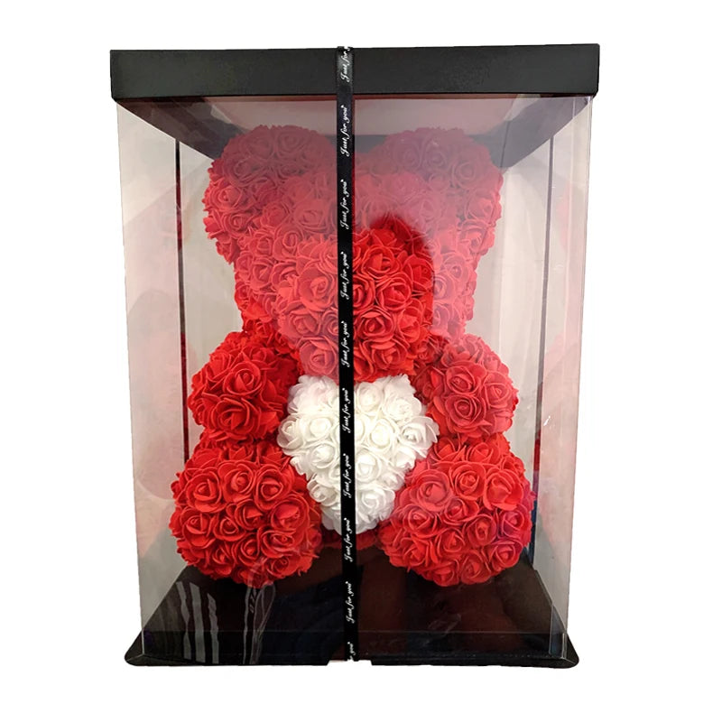40cm red rose teddy bear with white heart inside clear display box  
Handcrafted rose bear made from artificial foam roses  
Romantic gift-ready rose bear in transparent packaging with red ribbon  
Close-up of textured red and white foam roses on teddy bear  
Elegant rose bear with heart-shaped center in deluxe gift box  
Artificial rose teddy bear for Mother's Day, weddings, or anniversaries  
Detailed shot of white heart roses on red floral teddy bear  
Rose bear in clear gift box with red satin bow  
Lux