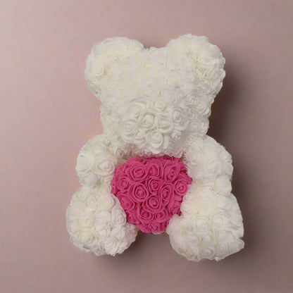 40cm red rose teddy bear with white heart inside clear display box  
Handcrafted rose bear made from artificial foam roses  
Romantic gift-ready rose bear in transparent packaging with red ribbon  
Close-up of textured red and white foam roses on teddy bear  
Elegant rose bear with heart-shaped center in deluxe gift box  
Artificial rose teddy bear for Mother's Day, weddings, or anniversaries  
Detailed shot of white heart roses on red floral teddy bear  
Rose bear in clear gift box with red satin bow  
Lux