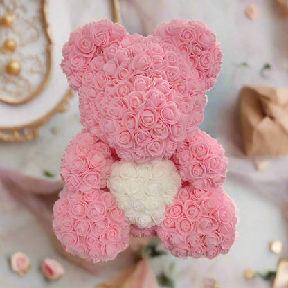 40cm red rose teddy bear with white heart inside clear display box  
Handcrafted rose bear made from artificial foam roses  
Romantic gift-ready rose bear in transparent packaging with red ribbon  
Close-up of textured red and white foam roses on teddy bear  
Elegant rose bear with heart-shaped center in deluxe gift box  
Artificial rose teddy bear for Mother's Day, weddings, or anniversaries  
Detailed shot of white heart roses on red floral teddy bear  
Rose bear in clear gift box with red satin bow  
Lux