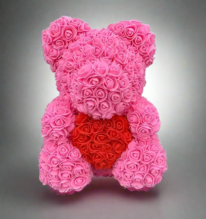 40cm red rose teddy bear with white heart inside clear display box  
Handcrafted rose bear made from artificial foam roses  
Romantic gift-ready rose bear in transparent packaging with red ribbon  
Close-up of textured red and white foam roses on teddy bear  
Elegant rose bear with heart-shaped center in deluxe gift box  
Artificial rose teddy bear for Mother's Day, weddings, or anniversaries  
Detailed shot of white heart roses on red floral teddy bear  
Rose bear in clear gift box with red satin bow  
Lux